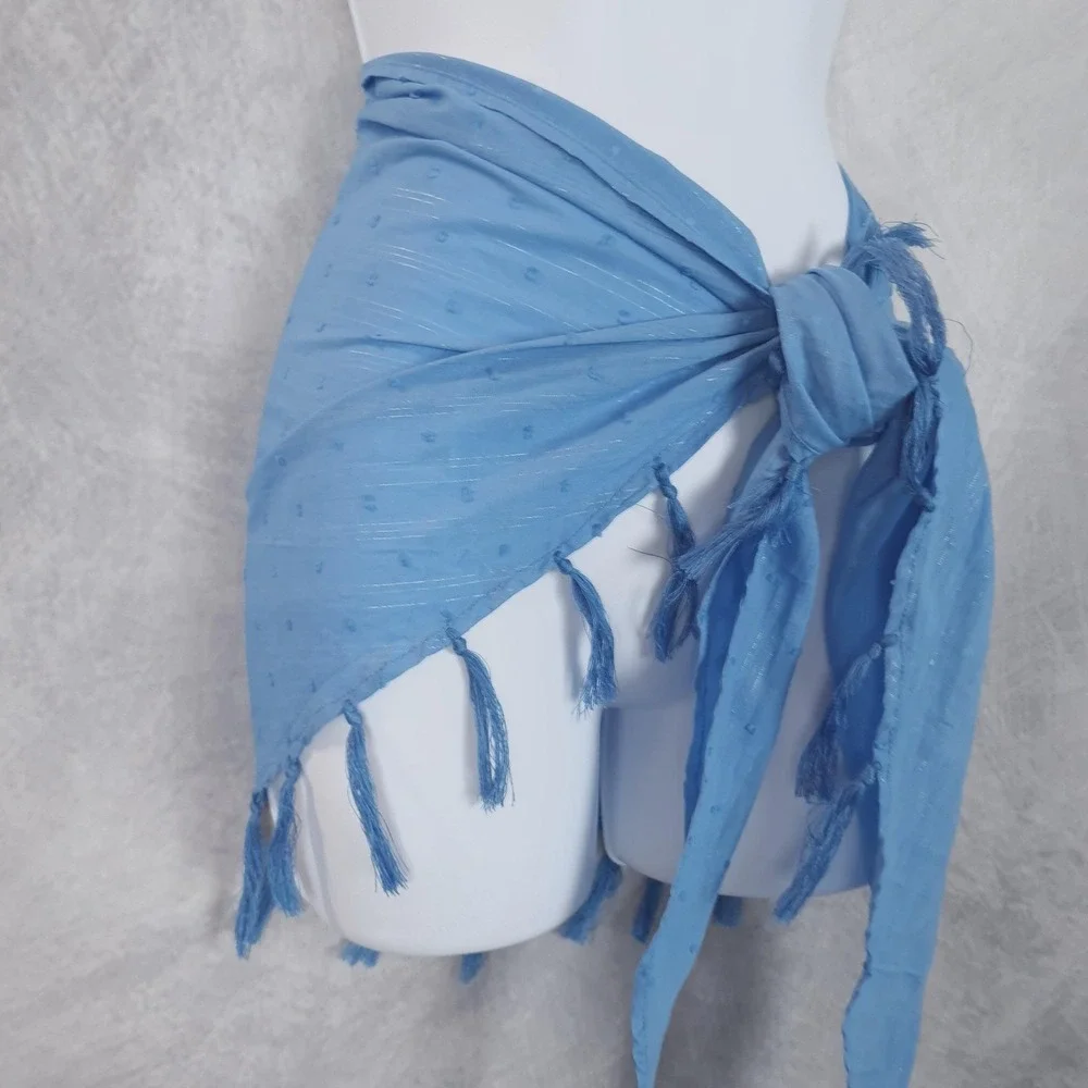 Vitamin A Scarf Wrap Womens One Size Blue Polka Dot Tassel Beach Sarong Cover-Up